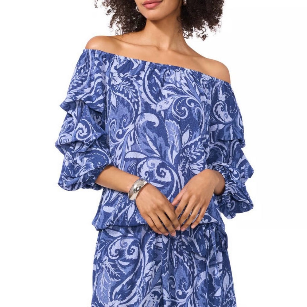 Vince Camuto Blue Patterned Off-Shoulder set pants blouse - Picture 2 of 14
